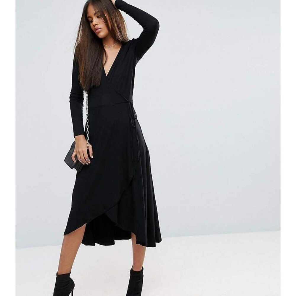 NWT ASOS TALL Black Faux Wrap Dress Womens US 8 Long Sleeve Jersey Soft